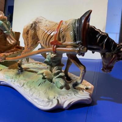 Vintage Mid-Century Capodimonte Horse/Donkey Drawn Wine Barrel Cart Made in Italy 12,75" Long & 6.25" Tall in VG Condition.