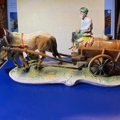 Vintage Mid-Century Capodimonte Horse/Donkey Drawn Wine Barrel Cart Made in Italy 12,75" Long & 6.25" Tall in VG Condition.