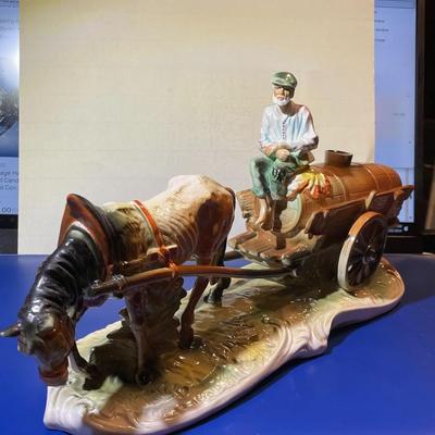 Vintage Mid-Century Capodimonte Horse/Donkey Drawn Wine Barrel Cart Made in Italy 12,75" Long & 6.25" Tall in VG Condition.