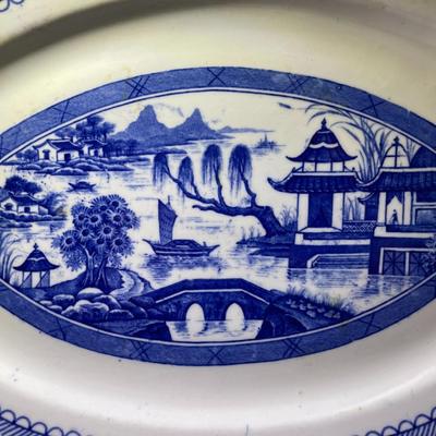Vintage Shenango, New Castle, Pa Large Restaurant Ware Asian Scene Platter 10.75" x 15.75" in Good Preowned Condition as Pictured.