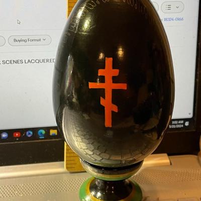 Vintage Scarce Artist Signed RUSSIAN Religious Orthodox Hand Painted Lacquered Wooden Egg Approx 6" Tall w/Stand in VG Preowned...