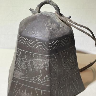 Antique Asian Etched/Engraved Foo Dog Bronze/Brass 5" Tall Bell w/No Dong Ball Preowned from an Estate as Pictured.