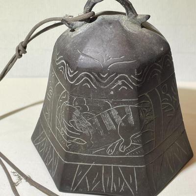 Antique Asian Etched/Engraved Foo Dog Bronze/Brass 5" Tall Bell w/No Dong Ball Preowned from an Estate as Pictured.