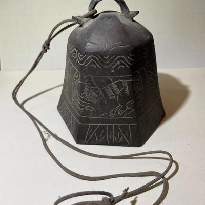 Antique Asian Etched/Engraved Foo Dog Bronze/Brass 5" Tall Bell w/No Dong Ball Preowned from an Estate as Pictured.