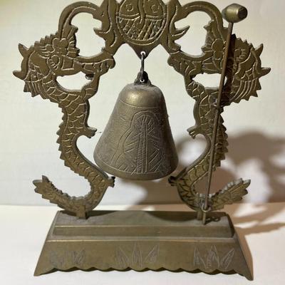 Chinese Brass Dragons with Bell, Brass Gong (with Striker), Etched Brass Dragons Statue with Hanging Brass Bell. Preowned from an Estate.