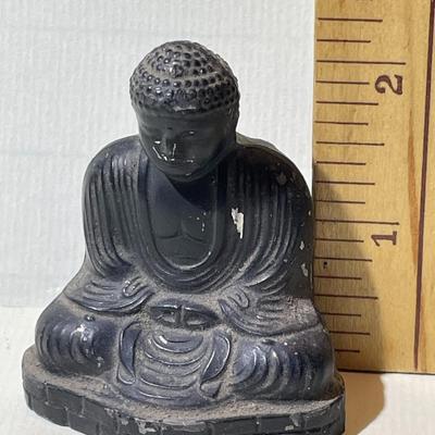 Japanese/Asian Sitting Buddha Metal Statue w/Signed Base 2" x 2" in Fair-Good Condition.