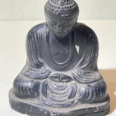 Japanese/Asian Sitting Buddha Metal Statue w/Signed Base 2" x 2" in Fair-Good Condition.