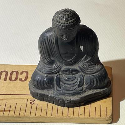 Japanese/Asian Sitting Buddha Metal Statue w/Signed Base 2" x 2" in Fair-Good Condition.