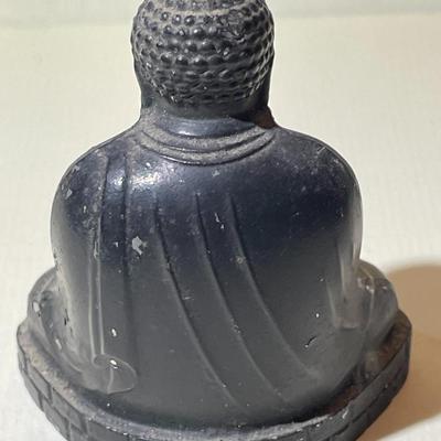 Japanese/Asian Sitting Buddha Metal Statue w/Signed Base 2" x 2" in Fair-Good Condition.