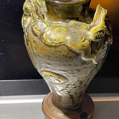 Vintage Japanese Pottery Redware Dragon Vase 5.75" Tall Good Preowned Condition. (Inner Base has a Piece Broken Off as Pic'd)