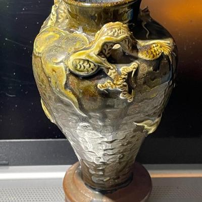 Vintage Japanese Pottery Redware Dragon Vase 5.75" Tall Good Preowned Condition. (Inner Base has a Piece Broken Off as Pic'd)