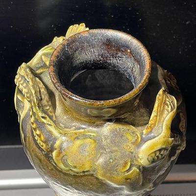 Vintage Japanese Pottery Redware Dragon Vase 5.75" Tall Good Preowned Condition. (Inner Base has a Piece Broken Off as Pic'd)