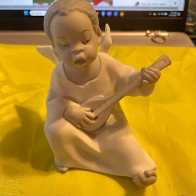 LLADRO Black Angel Figurine Playing the Mandolin by the Black Legacy Series Retired Matt Finish in Good Preowned Condition.