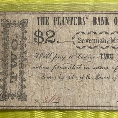 Scarce Planters Bank State Savannah Georgia $2 Dated May 1st, 1862 Currency as Pictured.