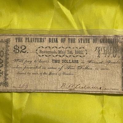 Scarce Planters Bank State Savannah Georgia $2 Dated May 1st, 1862 Currency as Pictured.