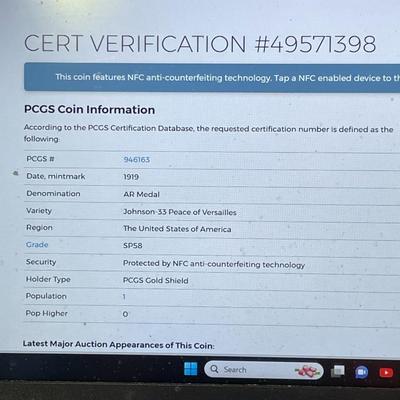 PCGS Certified 1919 AR Medal Johnson-33 Peace of Versailles Silver Medal #58/113 Made Population-1 No Other Silver Medal Graded!
