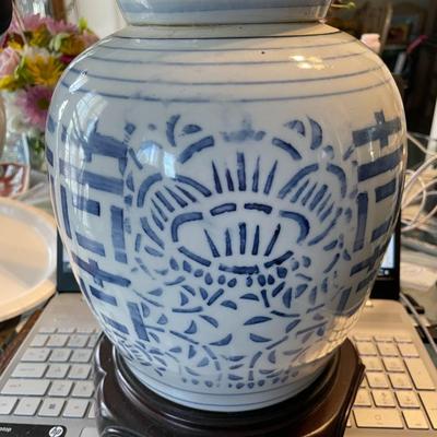 Antique Chinese Double Happiness Blue & White Ceramic Ginger Jar Lamp 12" Tall to the Top of the Jar w/Lid in VG Condition. (No...
