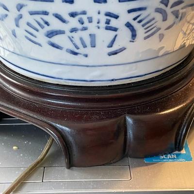 Antique Chinese Double Happiness Blue & White Ceramic Ginger Jar Lamp 12" Tall to the Top of the Jar w/Lid in VG Condition. (No...