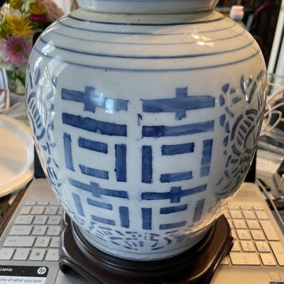 Antique Chinese Double Happiness Blue & White Ceramic Ginger Jar Lamp 12" Tall to the Top of the Jar w/Lid in VG Condition. (No...