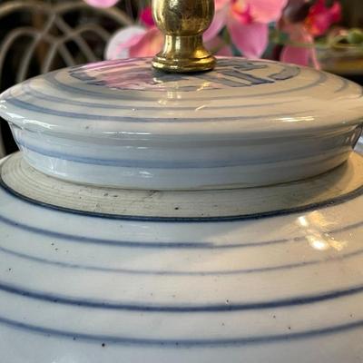 Antique Chinese Double Happiness Blue & White Ceramic Ginger Jar Lamp 12" Tall to the Top of the Jar w/Lid in VG Condition. (No...