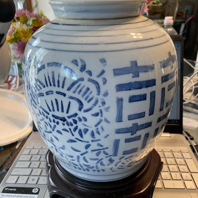 Antique Chinese Double Happiness Blue & White Ceramic Ginger Jar Lamp 12" Tall to the Top of the Jar w/Lid in VG Condition. (No...
