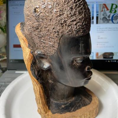 Vintage Carved Wood African Head Bust 8.5" Tall in Good Preowned Condition.