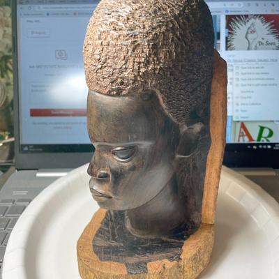 Vintage Carved Wood African Head Bust 8.5" Tall in Good Preowned Condition.