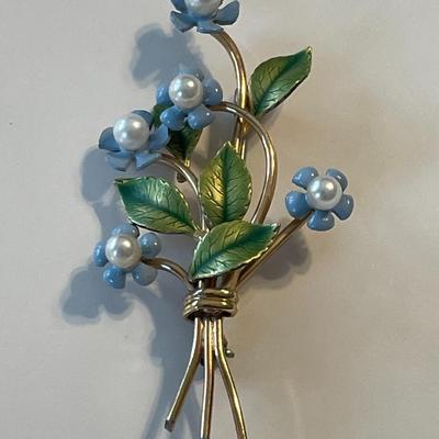 Vintage Krementz Gold Filled Enameled Pearl Bouquet Brooch 2" Tall in VG Preowned Condition.