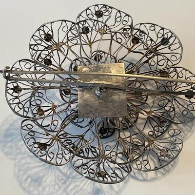 Vintage .800/.900 Silver Filigree Flower Pin 2-3/4" Diameter in VG Preowned Condition.