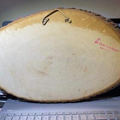 Vintage Christ on a Mountain Tree Slice Artwork 10" x 17" in Good Preowned Condition.