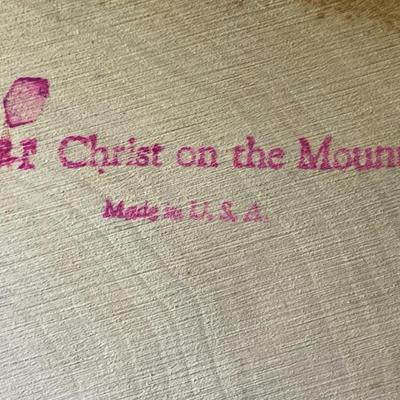 Vintage Christ on a Mountain Tree Slice Artwork 10" x 17" in Good Preowned Condition.