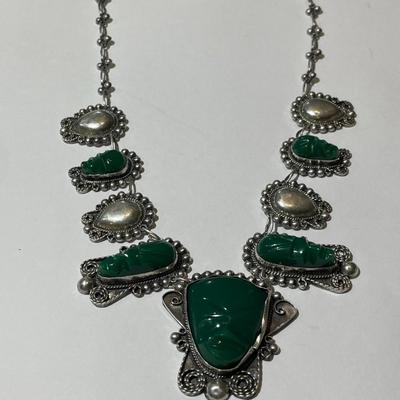 Vintage Mexican/Mayan Sterling Silver .925 Green Onyx Carved Face Necklace 16" Long 44.6Grams TW as Pictured.