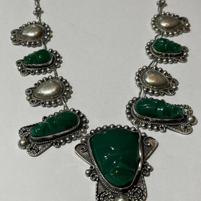 Vintage Mexican/Mayan Sterling Silver .925 Green Onyx Carved Face Necklace 16" Long 44.6Grams TW as Pictured.