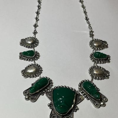 Vintage Mexican/Mayan Sterling Silver .925 Green Onyx Carved Face Necklace 16" Long 44.6Grams TW as Pictured.