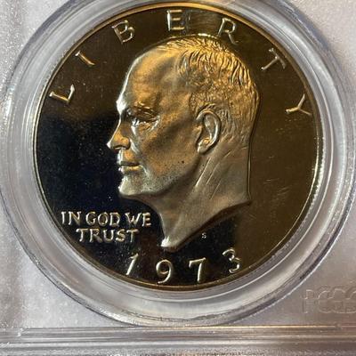 PCGS CERTIFIED 1973-S PROOF68 DEEP CAMEO CLAD EISENHOWER DOLLAR AS PICTURED.