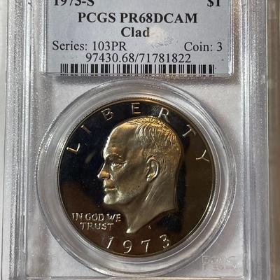 PCGS CERTIFIED 1973-S PROOF68 DEEP CAMEO CLAD EISENHOWER DOLLAR AS PICTURED.