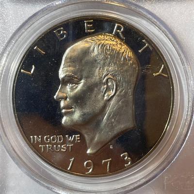 PCGS CERTIFIED 1973-S PROOF68 DEEP CAMEO CLAD EISENHOWER DOLLAR AS PICTURED.