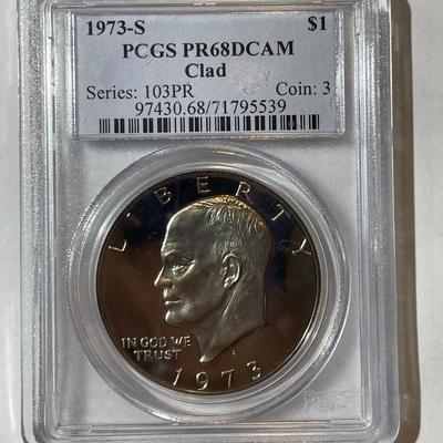 PCGS CERTIFIED 1973-S PROOF68 DEEP CAMEO CLAD EISENHOWER DOLLAR AS PICTURED.
