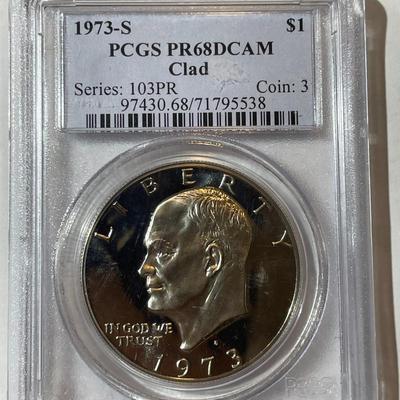 PCGS CERTIFIED 1973-S PROOF68 DEEP CAMEO CLAD EISENHOWER DOLLAR AS PICTURED.