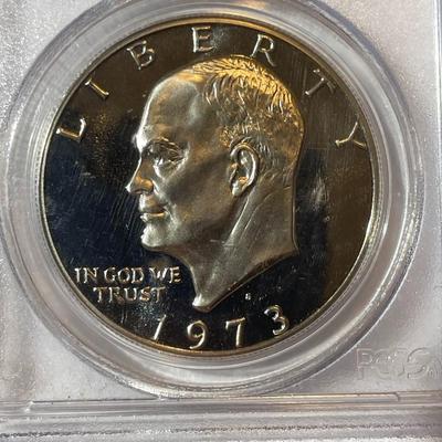 PCGS CERTIFIED 1973-S PROOF68 DEEP CAMEO CLAD EISENHOWER DOLLAR AS PICTURED.
