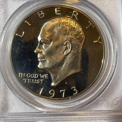 PCGS CERTIFIED 1973-S PROOF68 DEEP CAMEO CLAD EISENHOWER DOLLAR AS PICTURED.