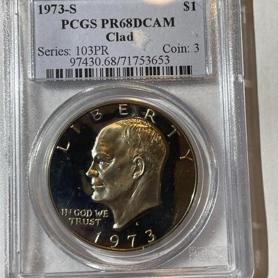 PCGS CERTIFIED 1973-S PROOF68 DEEP CAMEO CLAD EISENHOWER DOLLAR AS PICTURED.