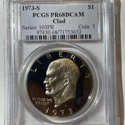 PCGS CERTIFIED 1973-S PROOF68 DEEP CAMEO CLAD EISENHOWER DOLLAR AS PICTURED.