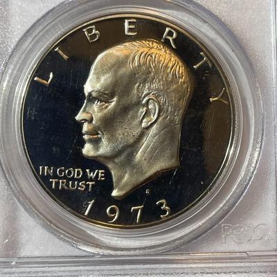 PCGS CERTIFIED 1973-S PROOF68 DEEP CAMEO CLAD EISENHOWER DOLLAR AS PICTURED.