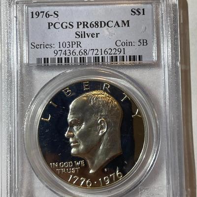 PCGS CERTIFIED 1976-S PROOF68 DEEP CAMEO SILVER EISENHOWER DOLLAR AS PICTURED.