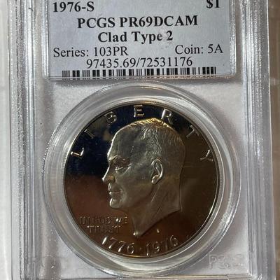 PCGS CERTIFIED 1976-S TYPE-II PROOF69 DEEP CAMEO CLAD EISENHOWER DOLLAR AS PICTURED.