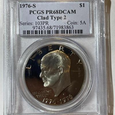 PCGS CERTIFIED 1976-S TYPE-II PROOF68 DEEP CAMEO CLAD EISENHOWER DOLLAR AS PICTURED.