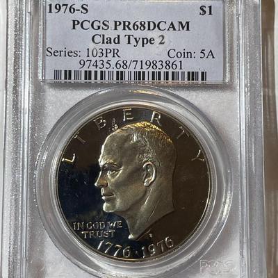 PCGS CERTIFIED 1976-S TYPE-II PROOF68 DEEP CAMEO CLAD EISENHOWER DOLLAR AS PICTURED.