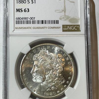 NGC CERTIFIED 1880-S "LARGE-S" NICE ORIGINAL MS63 GRADED MORGAN SILVER DOLLAR AS PICTURED.