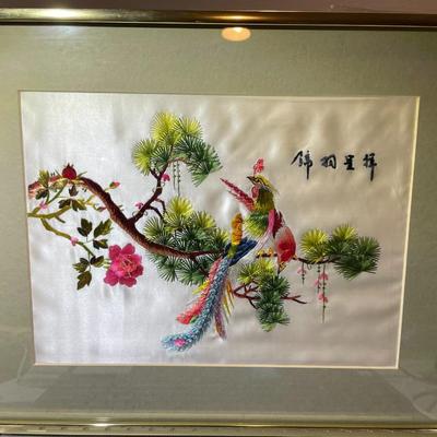 Vintage Asian Embroidered on Silk Artwork Frame Size 12" x 15" in Very Good Preowned Condition.